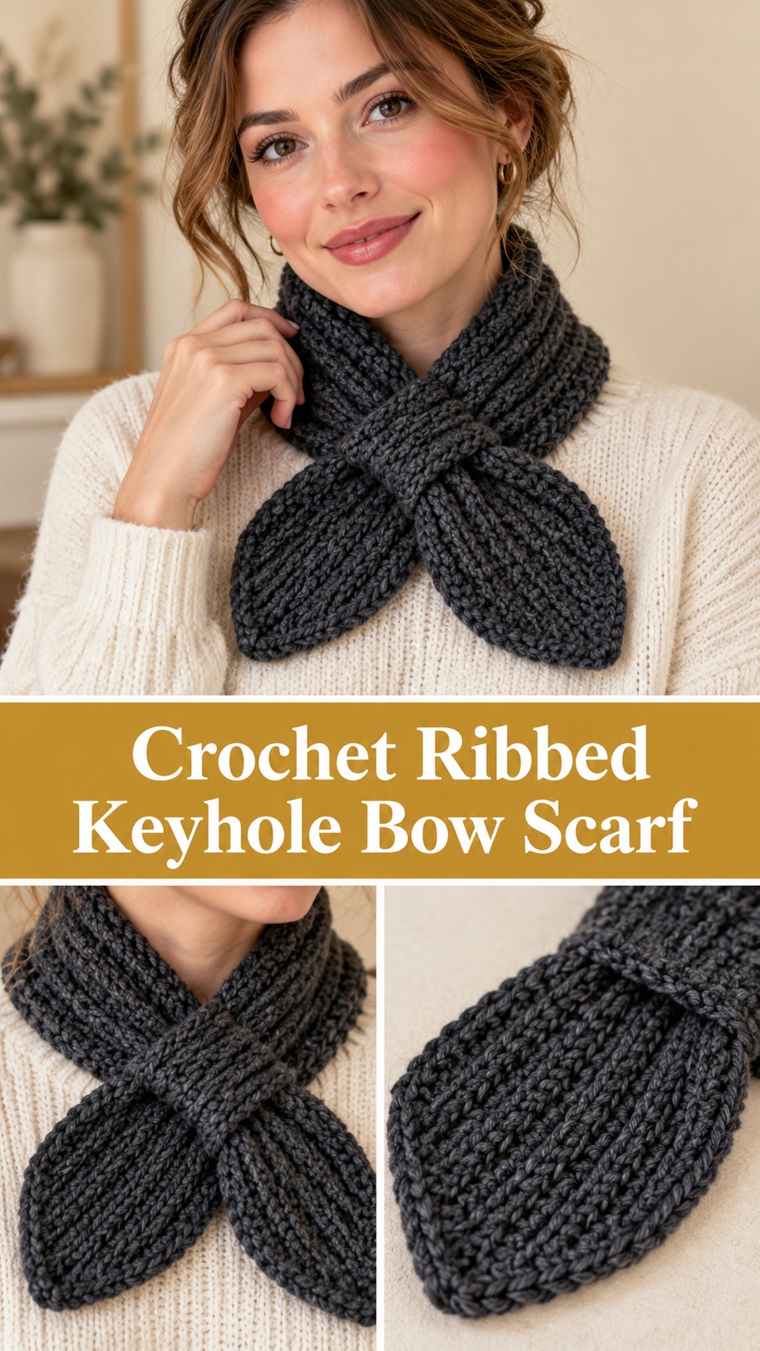 Crochet Ribbed Keyhole Bow Scarf