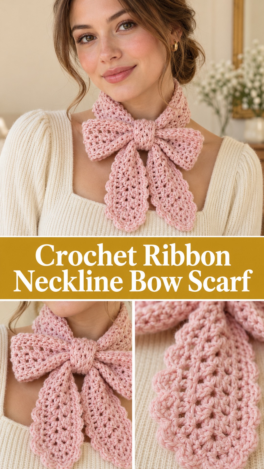 Crochet Ribbon Neckline Bow Scarf