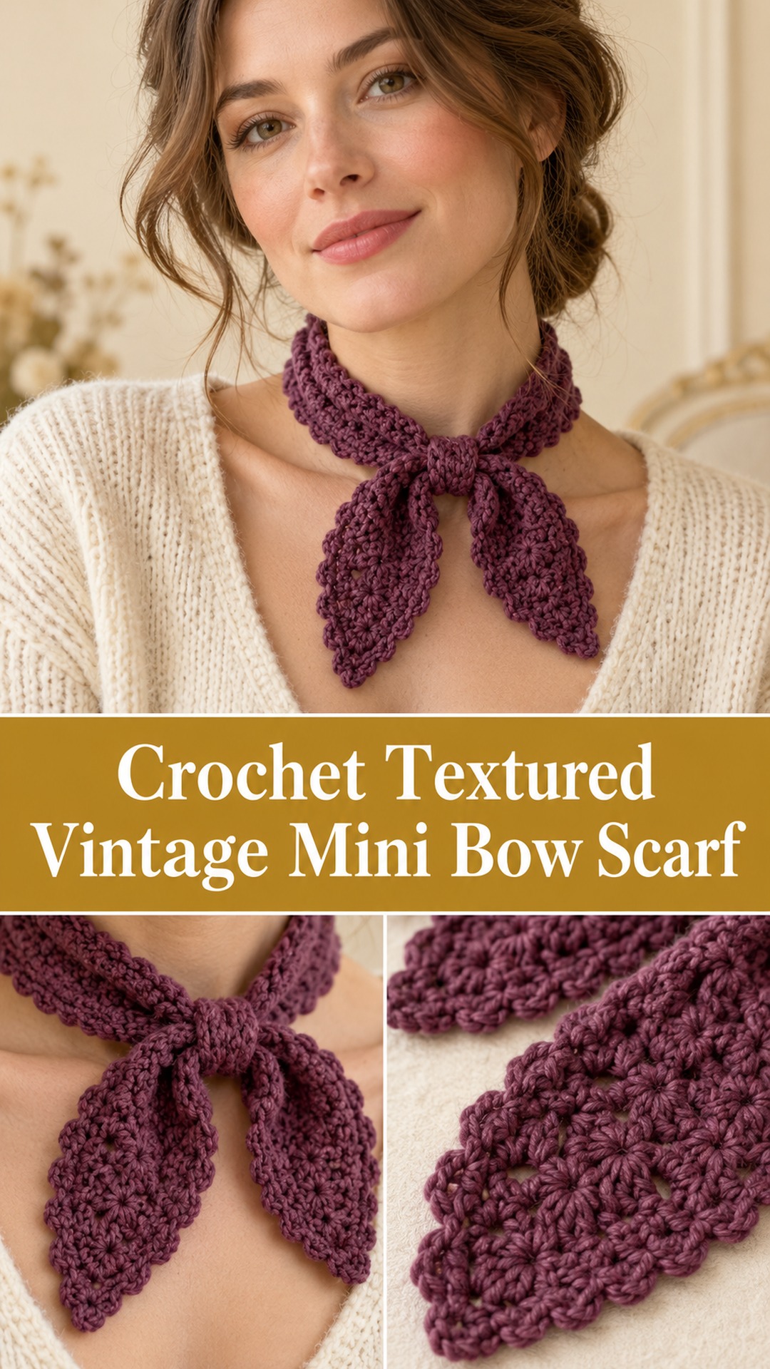 Crochet Textured Vintage Mini Bow Scarf