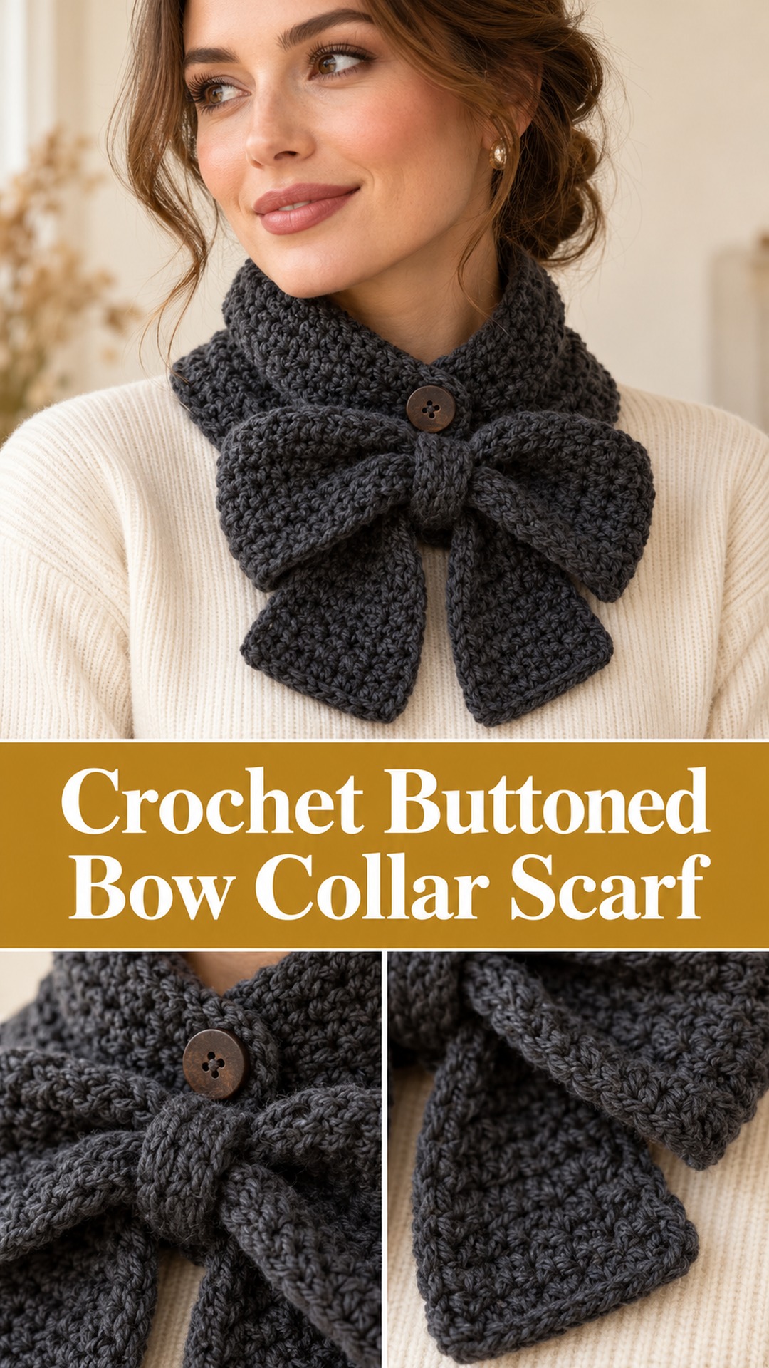 Crochet Buttoned Bow Collar Scarf