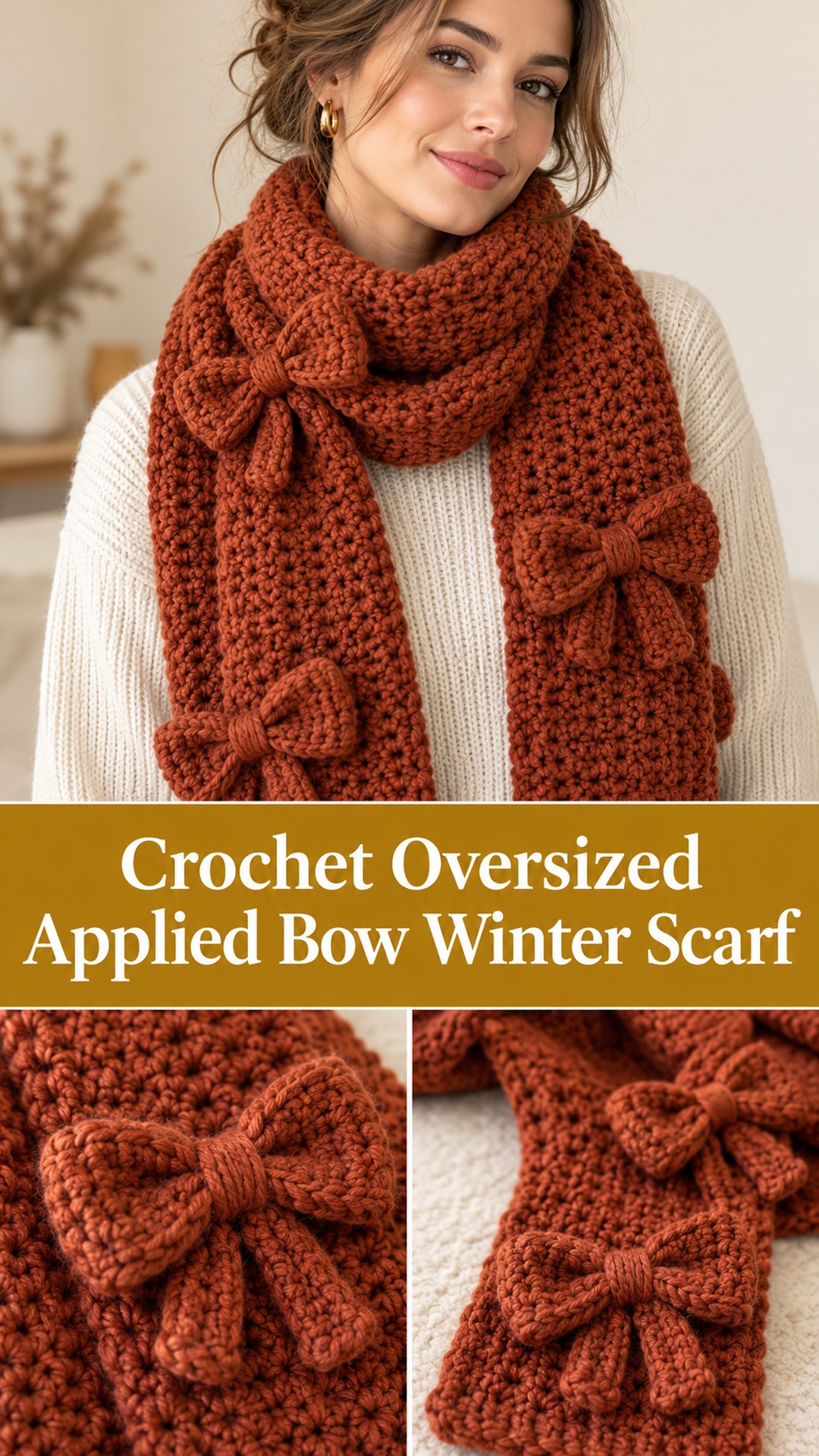 Crochet Oversized Applied Bow Winter Scarf
