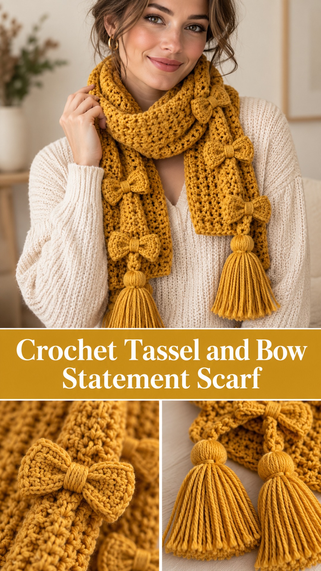 Crochet Tassel and Bow Statement Scarf