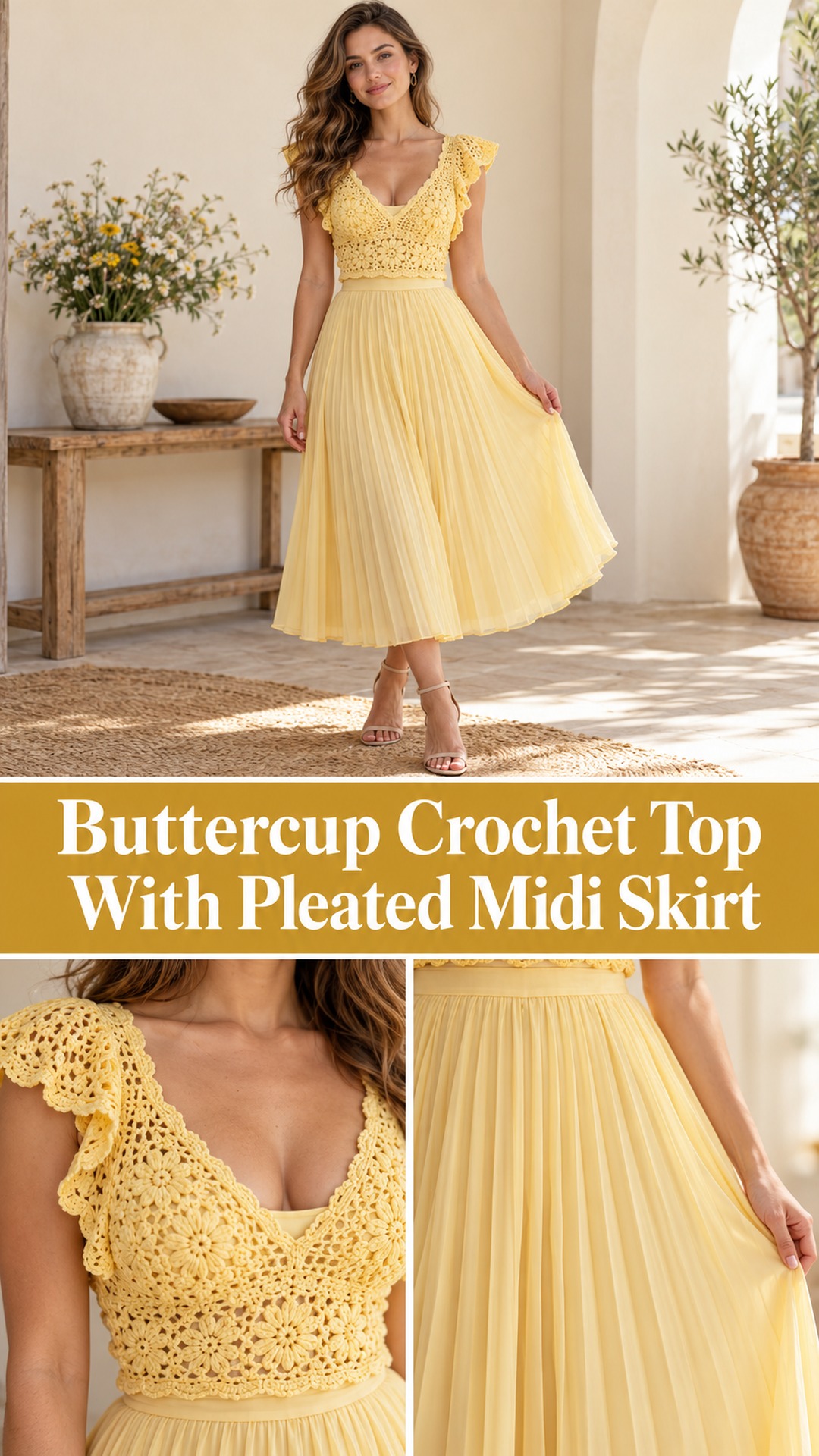 Buttercup Crochet Top With Pleated Midi Skirt
