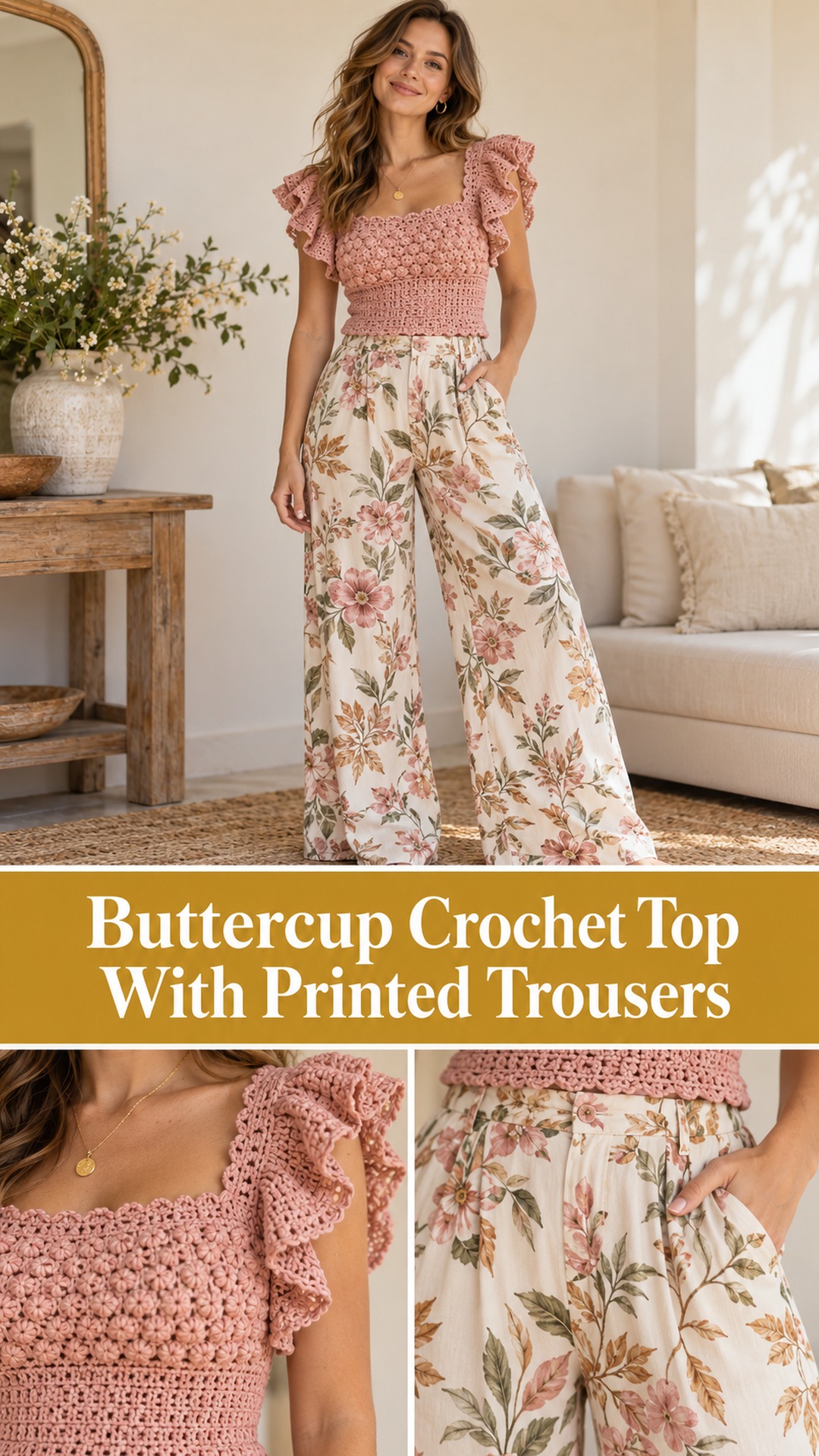 Buttercup Crochet Top With Printed Trousers